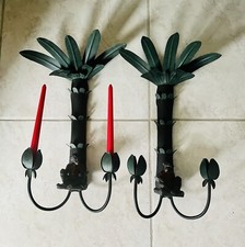 Set 2 Rare Vintage Hand Painted Cast Iron Palm Tree Monkey Wall Candle Sconces picture