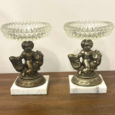 Pair Vintage Hollywood Regency Cherub Koi Fish Candy Dishes Marble Base Glass picture