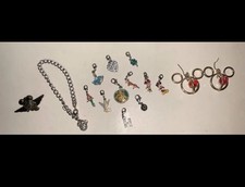 VTG  Disney Charm Bracelet, Charms, Trade Pin & Christmas Caged Earrings Jewelry picture