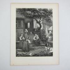 Antique 1800s Lithograph Women At The Well German RARE picture