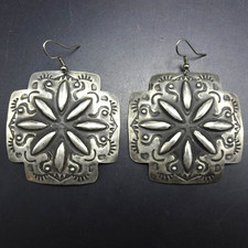 Huge LEANDER TAHE Navajo HAND-STAMPED and REPOUSSE Sterling Silver EARRINGS picture