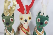 Vintage 1960s Christmas Reindeer Made in Japan Velveteen Qty 3 Bells Tags MCM picture