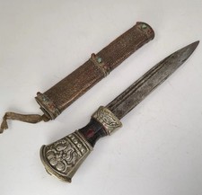 Antique Tibetan Bhutanese Dagger Knife Chisel Silver Mounts Red Corral Turquoise picture