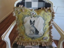 Aubusson style Boston Terrier w Seashells Butter Cream Yellow Needlepoint Pillow picture
