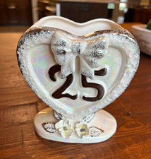 Vintage Heart Shaped Ceramic Vase White Iridescent Glossy Bow 25th Anniversary picture
