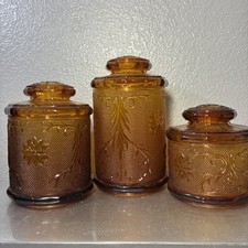 Vintage Tiara Indiana Glass Sandwich AMBER Canister Set OF 3 & LIDS 5.5 7.5 9.5 picture