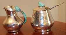 VINTAGE LOS CASTILLO TAXCO SILVER PLATED CREAM & SUGAR W/MALACHITE FROG picture