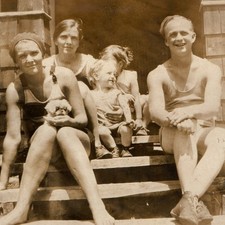 c1920s Cabin Barefoot Woman Pekingese Dog Swimwear Snapshot Photo Family Summer picture