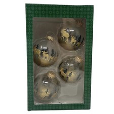 Vintage Holiday Time 4 Glass Ornaments Moose & Trees Christmas USA Green Gold picture