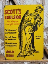 VINTAGE SCOTTS EMULSION PORCELAIN SIGN OLD HEATLH COUGH MEDICINE FISHING FISH picture