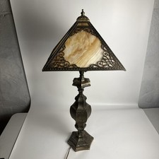 Fabulous Antique Slag Glass Table Lamp Bronze Ornamental Square Orange picture