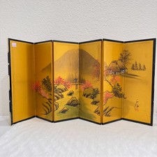 Vtg Japanese 6 Panel Byobu Gold Folding Screen Landscape Signed Japan 30X15 picture