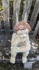 Vintage Hand Carved Wood Cherub Angel Sitting picture