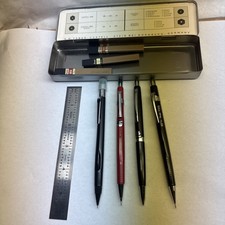 Vintage Drafting Pencil Lot Pentel P205 Uni 105 Sears Ruler Faber Castell Tin picture