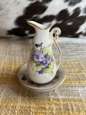 Vintage Hand Painted Weisley Ewer Vase Pitcher Ceramic Purple Flowers Spring picture