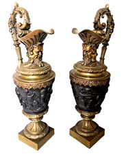 Pair of Antique French Renaissance Revival Large Patinated Bronze Ewers. picture