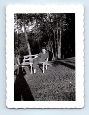 Old Vintage Photo SOLO WOMAN PARK BENCH LONG SHADOW ANTIQUE PHOTOGRAPH picture