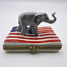 LIMOGES ELEPHANT AMERICAN FLAG USA TRINKET BOX CHAMART PEINT MAIN FRANCE VINTAGE picture