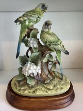 Andrea By Sadek Green Parakeet Porcelain Figurine on Wood Base 10” picture