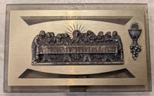 VTG 1960s Italian Last Supper Brass Plaque on Glass, 5x3 Religious Decor picture