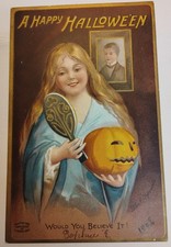 Antique Ellen Clapsaddle Girl Holding Pumpkin A Happy Halloween Postcard picture