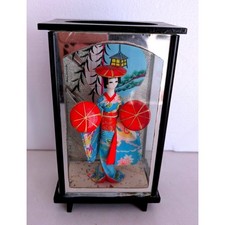 Vintage Japanese Geisha Doll in Glass Case Blue Kimono Red Parasols Decor 7.5in picture