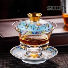 1pc Glass Covered Bowl Enamel Colored Tea Bowl Three Cai Gaiwan picture