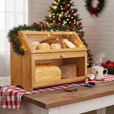 Large Wooden Bread Box with Acrylic Door Double Layer Kitchen Storage Bin picture