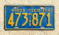1942 MISSISSIPPI license plate – HINDS COUNTY – ORIGINAL antique vintage car tag picture