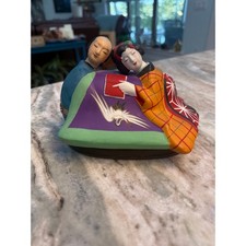 Vintage Japanese Hakata Shunga Clay Figurine Couple Crane Kimono Folk Art picture