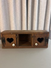 Vintage Pine Wood Cubby Cabinet Heart Cutouts Cottage Farmhouse Storage 20” picture