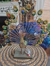 Vtg Metal Peacock 14x13 Gold And Green With Stones And Wirework picture