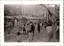 Vintage 1950s Japan Street Scene Photo Busy Market People Children Black & White picture