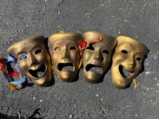 Vintage Solid Brass Theater Masks Wall Decor - Set of 4 Small Drama Comedy Trage picture