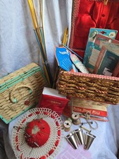 Vtg 1960s Sewing Lot Baskets Needles Krochet Hooks Tomato Pin Cushion Mend N Sew picture
