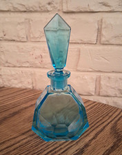 Vtg 1930s Czech Art Deco Blue Glass Perfume Bottle Decanter Faceted 6.25
