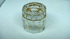 ANTIQ FRENCH FACETED HAND PAINTED GOLD & ENAMEL FLORAL GLASS VANITY DRESSER JAR picture