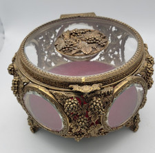 WOW VTG Hollywood Regency Ormolu Jewelry Casket Grapevine Filigree Red Velvet LG picture