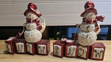 Vintage Snowman “SNOW”  Block Figurines Set of 2 Red White Christmas Decor picture
