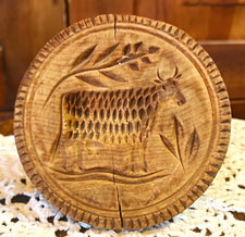 Antique Primitive Hand Carved Wooden Butter Stamp Mold Round Cow Sheep Folk Art picture