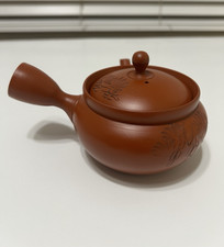Vintage Japanese Kyusu Teapot Unglazed Shudei Clay Stamped Yokode Pine Etched picture