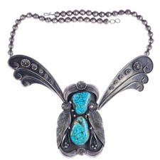 Huge 1970's Navajo sterling silver spiderweb turquoise butterfly bib necklace picture