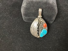 Navajo FJ Henry Reversible Pendant Sterling Turquoise& Coral Kokopelli picture