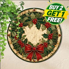 Bohemian Holly Berries Round Metal Sign Holiday Acrylic Look Christmas Decor picture
