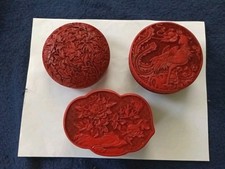 Vintage Maitland-Smith Red Cinnabar Style Carved Lacquer Boxes - Set Of 3 picture