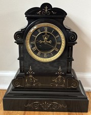 Impressive Carved Slate Antique French Mantel Clock - Black Open Escapement Dial picture