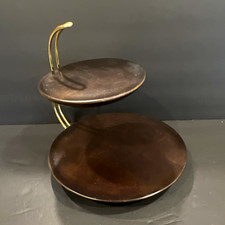 Vintage MCM 2 Tier Wood Serving Tray Brass Handle 11.5” Mid Century Tidbit picture