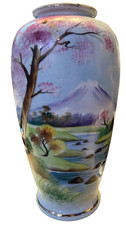 VINTAGE SATO JAPAN PORCELAIN HAND PAINTED VASE MT. FUJI CHERY BLOSSOMS SIGNED picture