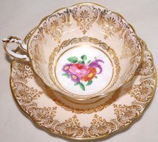 Vtg Paragon DOUBLE WARRANT Teacup & Saucer Set PEACH & GOLD FLORAL W ROSES 1940s picture