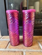 TWO Starbucks 2023 Christmas Holiday Tumbler Iridescent Sangria Pink 16 oz NEW picture